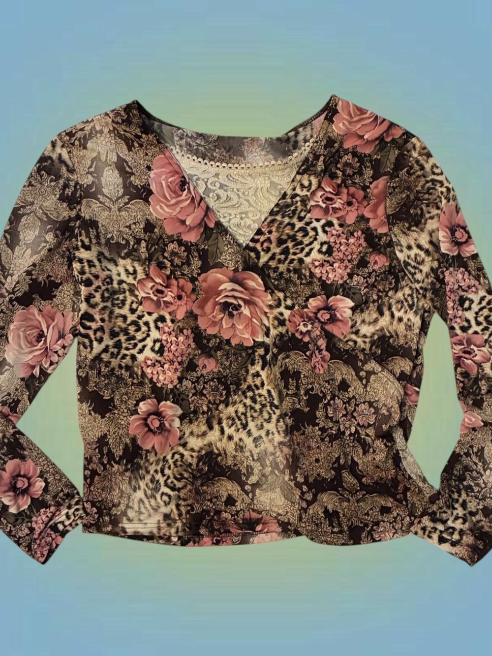 Floral & Leopard Print Long-Sleeve Women's Top - Pink/Brown - Picture 4 of 5